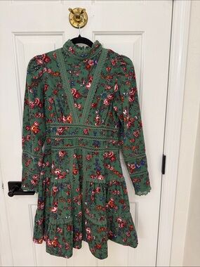 Like New By Timo Green Floral Lace-Trim High-Neck Long Sleeve Dress